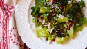 Escarole Salad with Roasted Broccoli, Pomegranate Seeds and Avocado