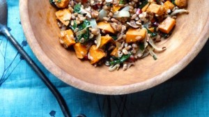 Farro with Roasted Sweet Potatoes, Kale and Pomegranate Seeds