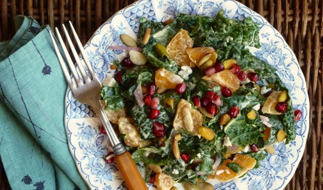 Kale Salad with Orange, Pomegranate and Pistachio Nuts