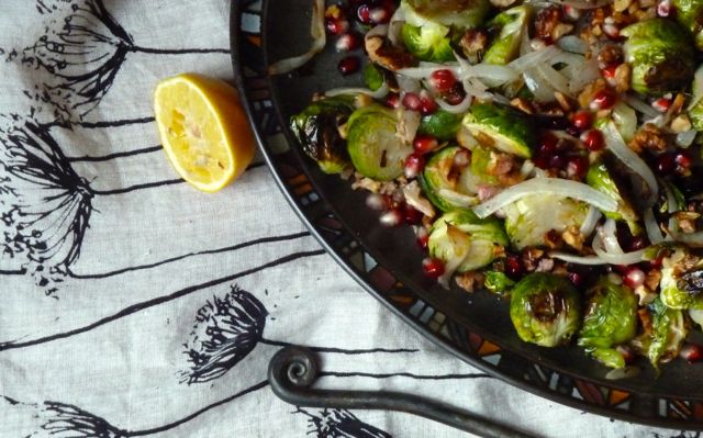 Roasted Brussel Sprouts with Walnuts, Pomegranate and Meyer Lemon